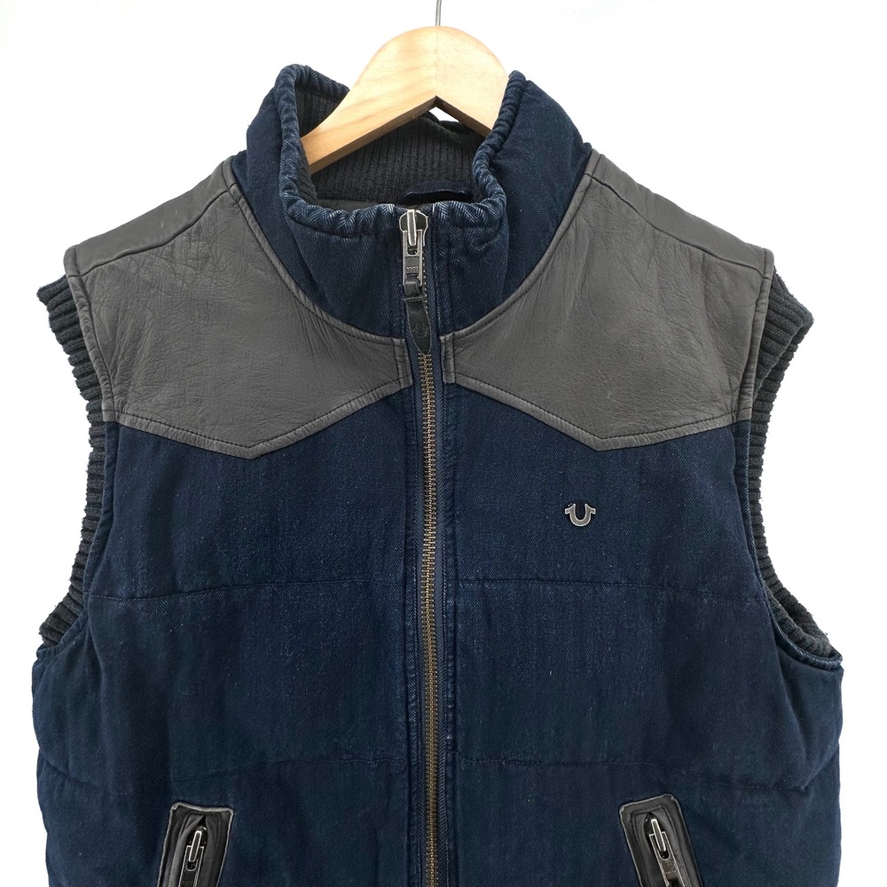 True Religion Mens Denim Puffer Vest Leather Yoke Blue Large Quilted Lining